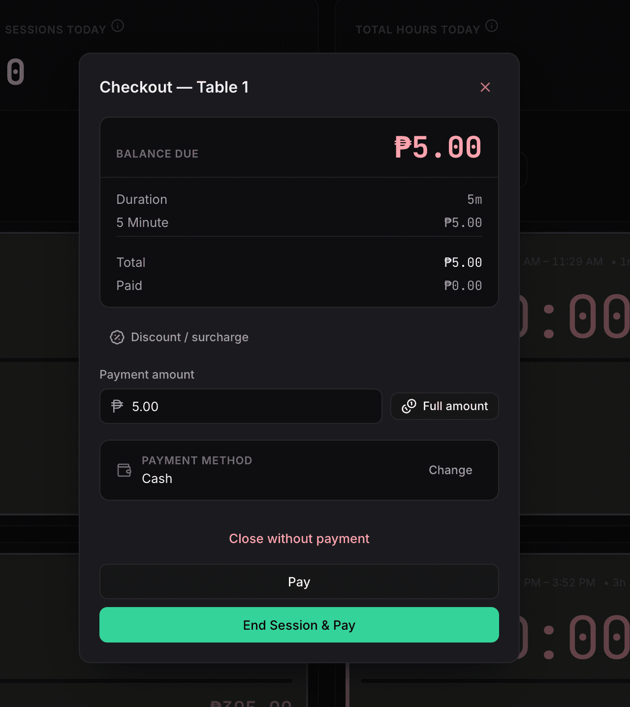 Sargo checkout dialog showing balance due, itemized breakdown, and payment options