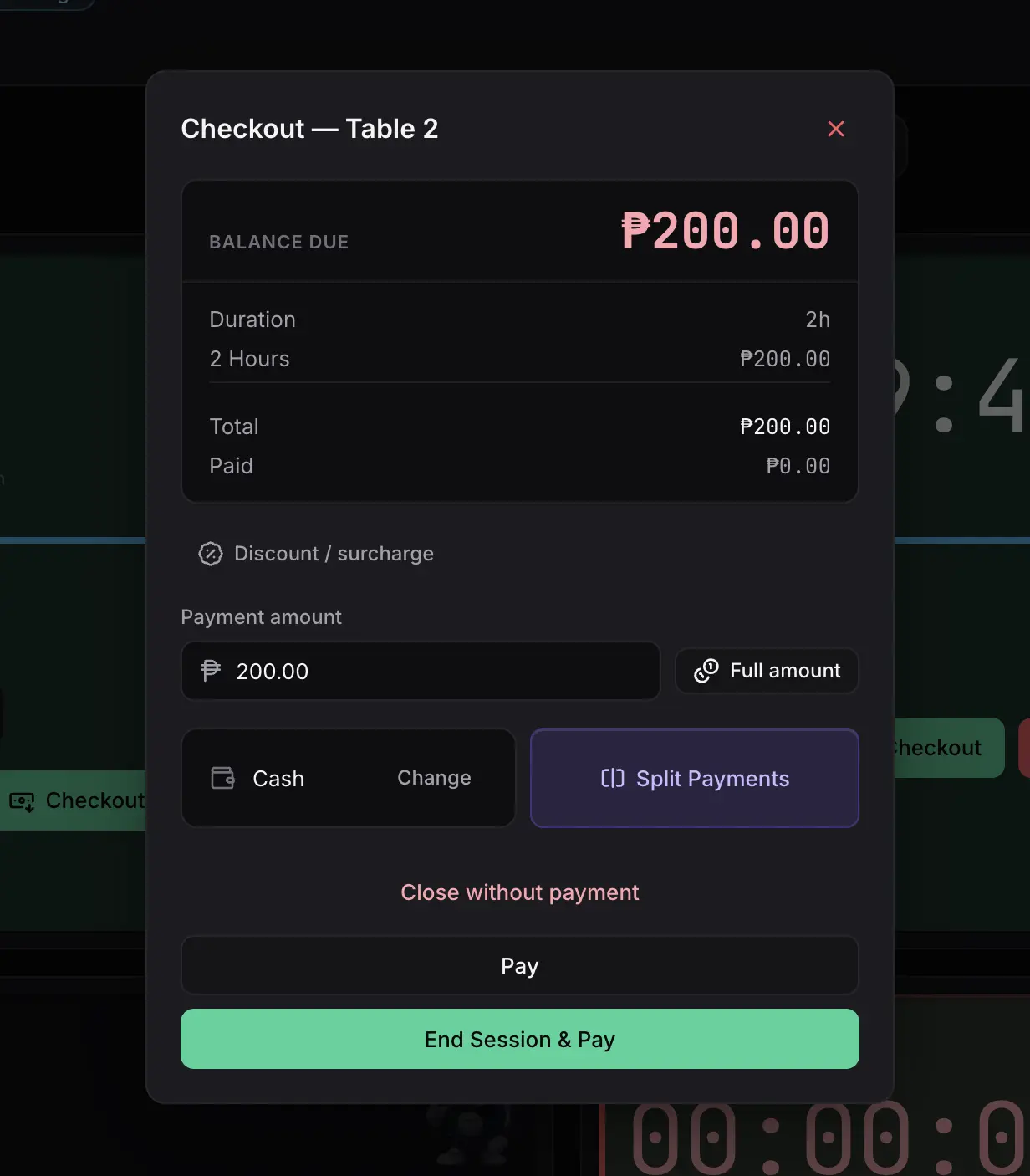 Sargo checkout modal for easy and accurate session billing