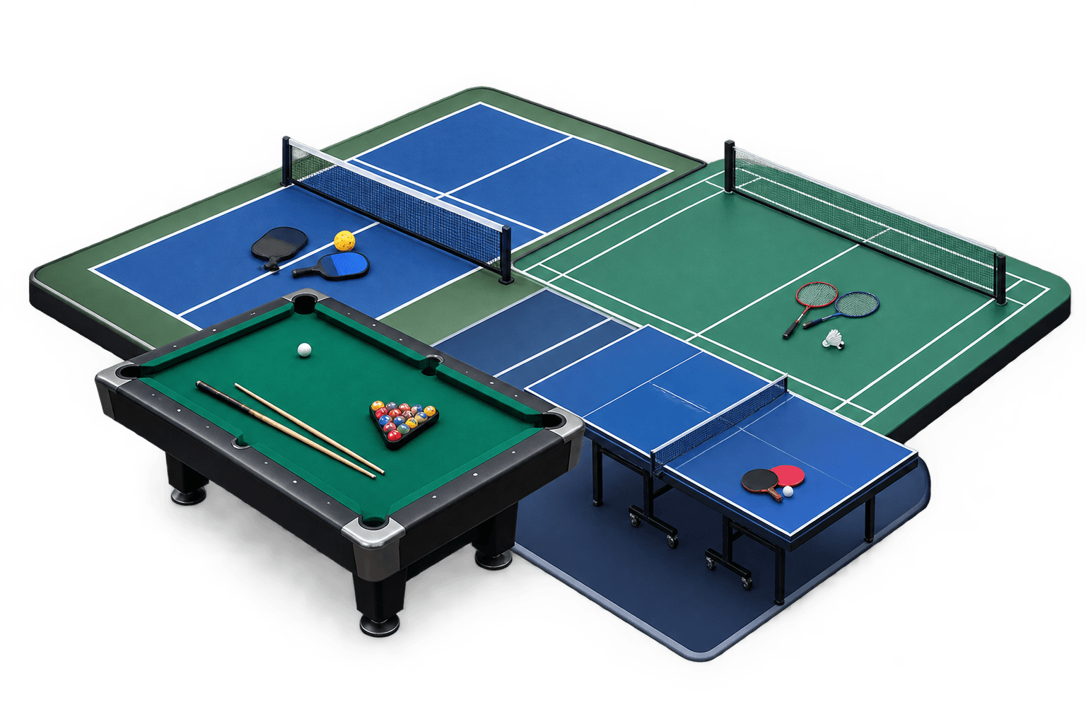 The Sargo Pro 2.0 mascot holding a billiard cue, badminton racket, pickleball paddle, and table tennis paddle