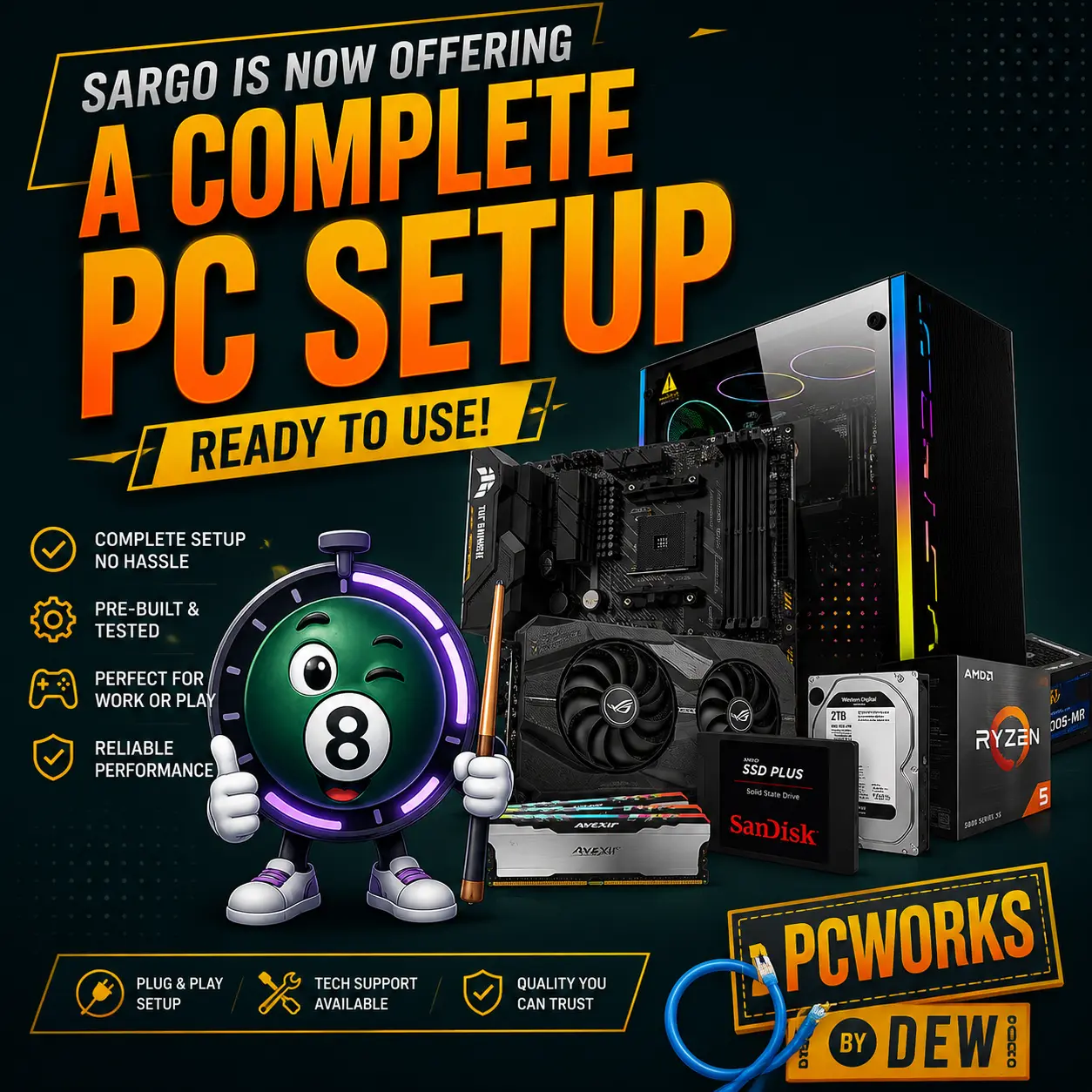 A complete billiard hall PC build — tower, monitor, keyboard and mouse — set up with Sargo, greeted by the Sargo mascot