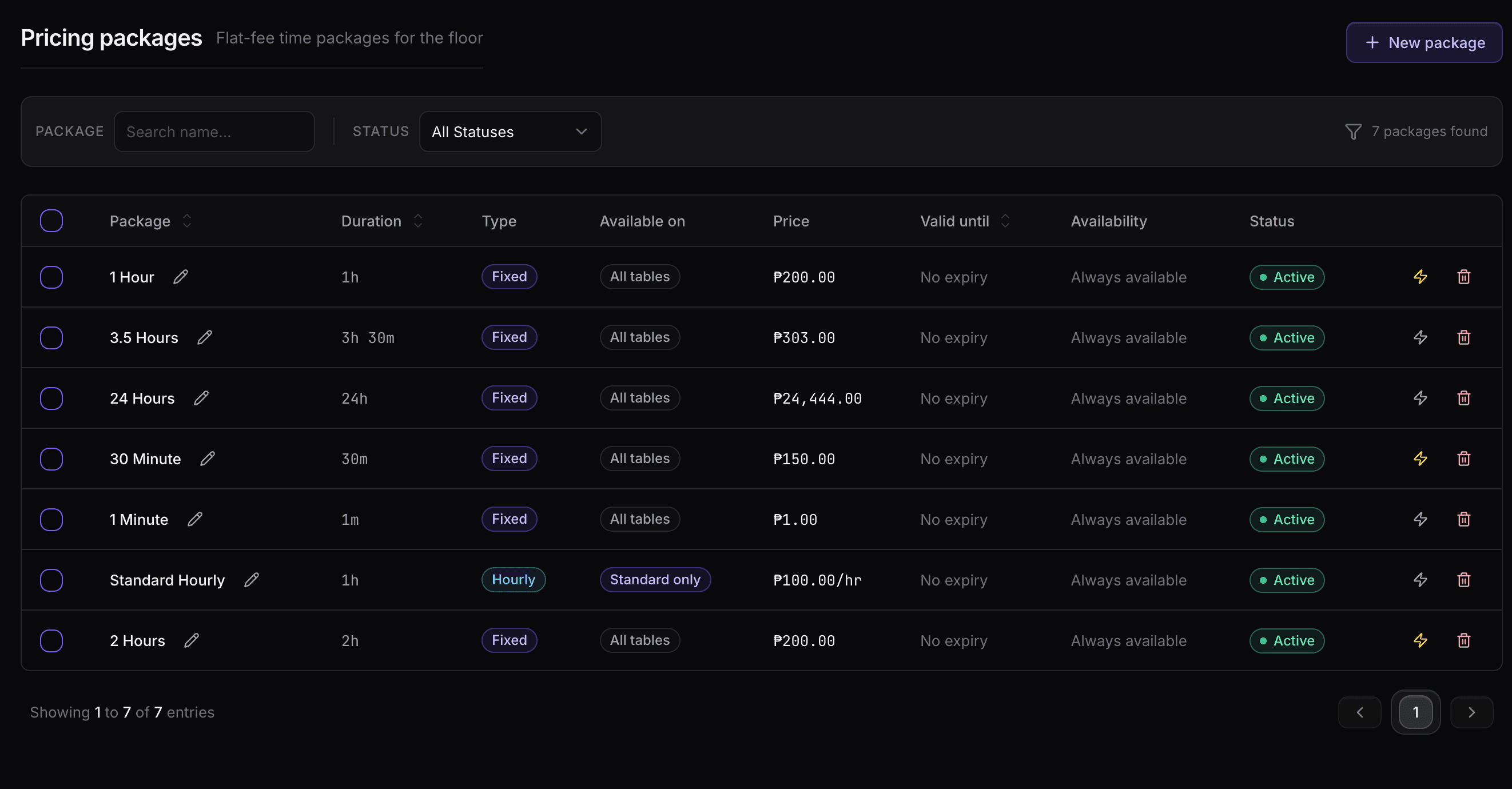 Sargo pricing packages page for creating flat-fee and hourly packages