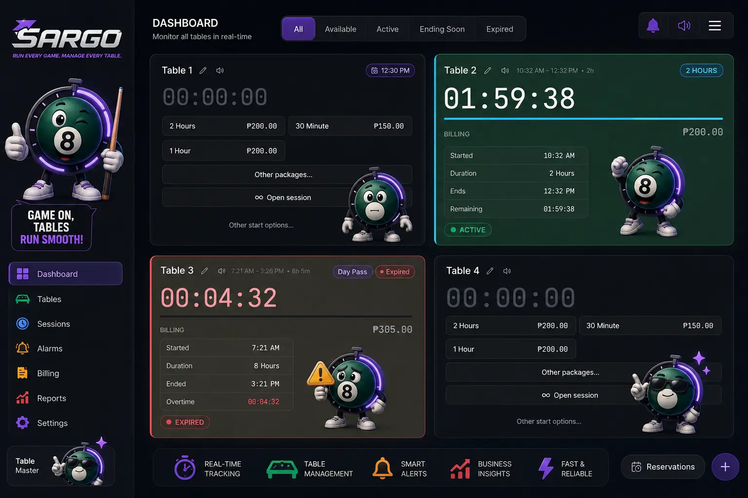 The Sargo billiard hall management dashboard showing live table timers, reservations, and today's revenue