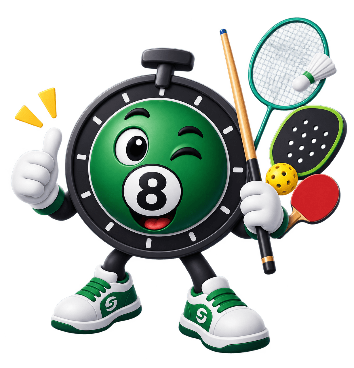 The Sargo Pro 2.0 mascot holding a billiard cue, badminton racket, pickleball paddle, and table tennis paddle